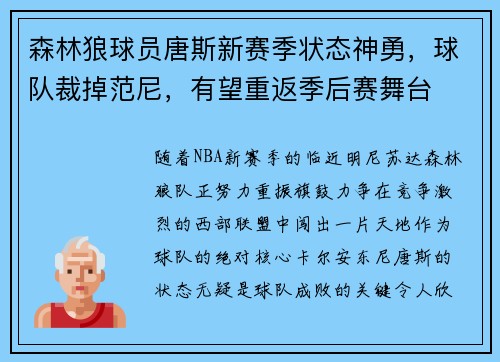 森林狼球员唐斯新赛季状态神勇，球队裁掉范尼，有望重返季后赛舞台