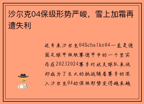 沙尔克04保级形势严峻，雪上加霜再遭失利